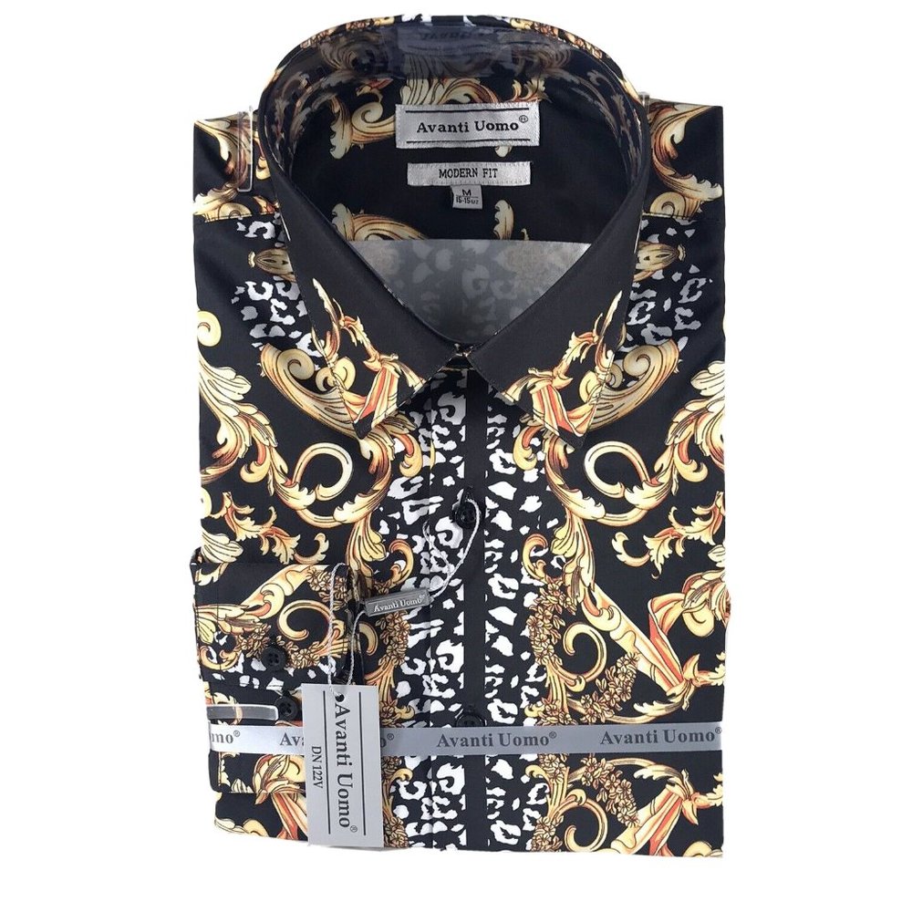 Avanti Uomo Men's Shirt Black Gold White Casual Button-Down Modern Fit